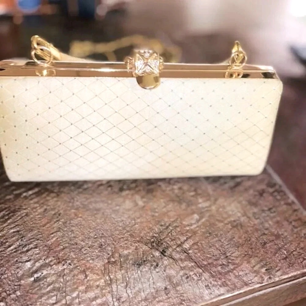 CIELO SATIN SWAROVSKI QUILT STICH EVENING BAG CHAMPAGNE AND GOLD